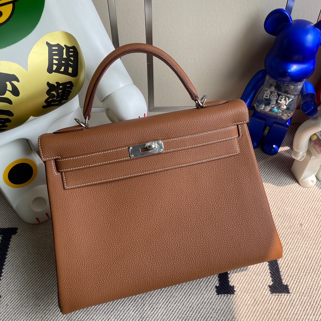 Hermès（爱马仕）Kelly 凯莉包 原厂小牛皮 ck37 金棕色 Gold 银扣 32cm 现货