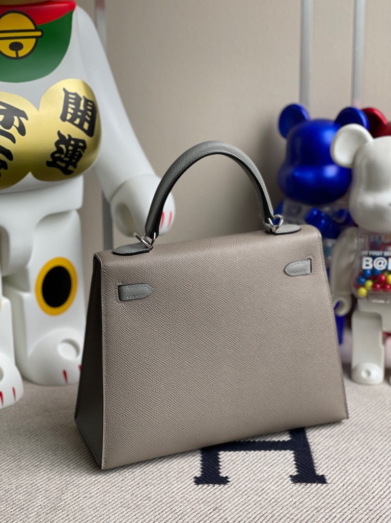 Hermès（爱马仕）Kelly 凯莉包 Epsom 原厂掌纹皮 m8 沥青灰拼海鸥灰 银扣 25cm 马蹄印 顶级手缝