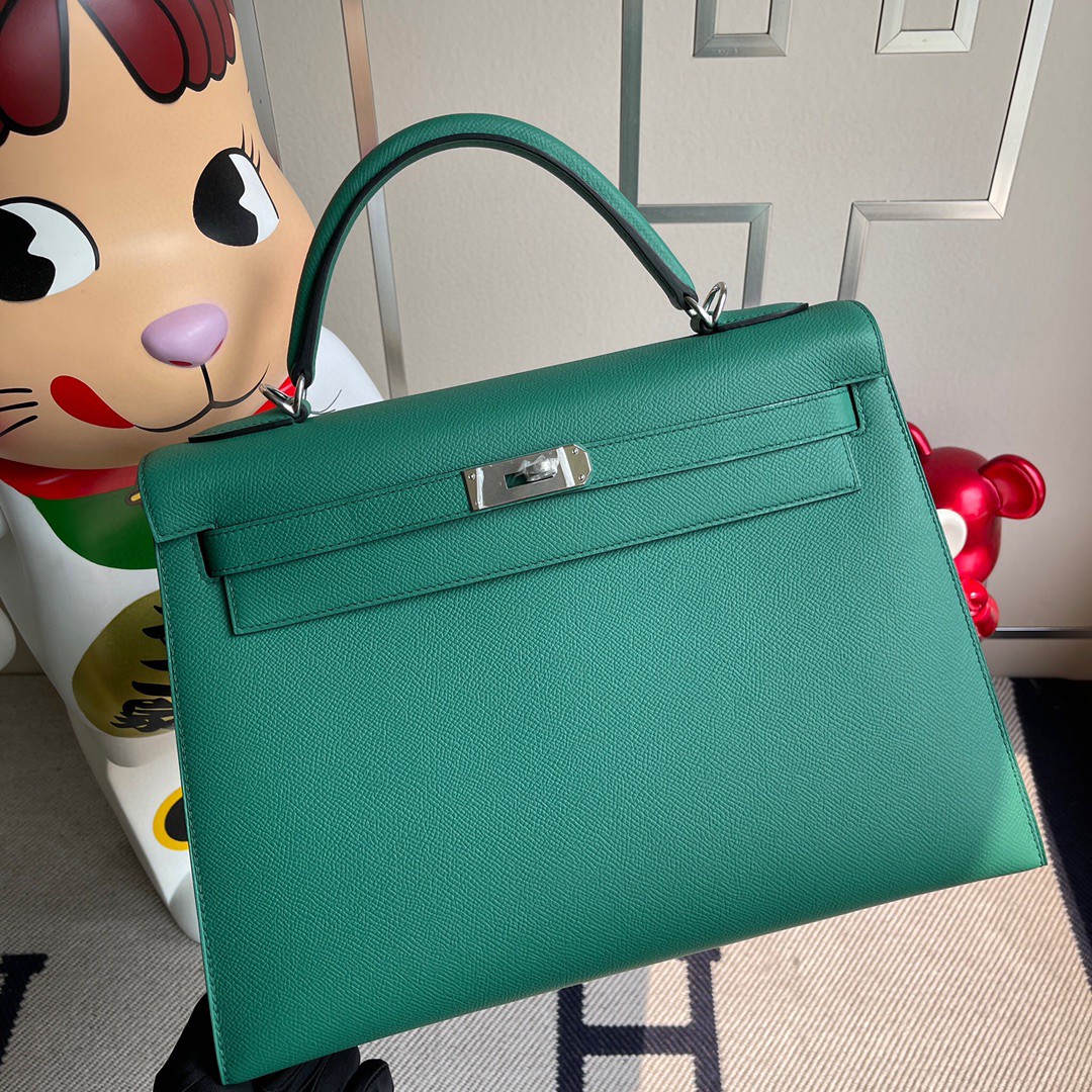 Hermès（爱马仕）Kelly 凯莉包 原厂小牛皮 U4 丝绒绿 银扣 32cm 现货