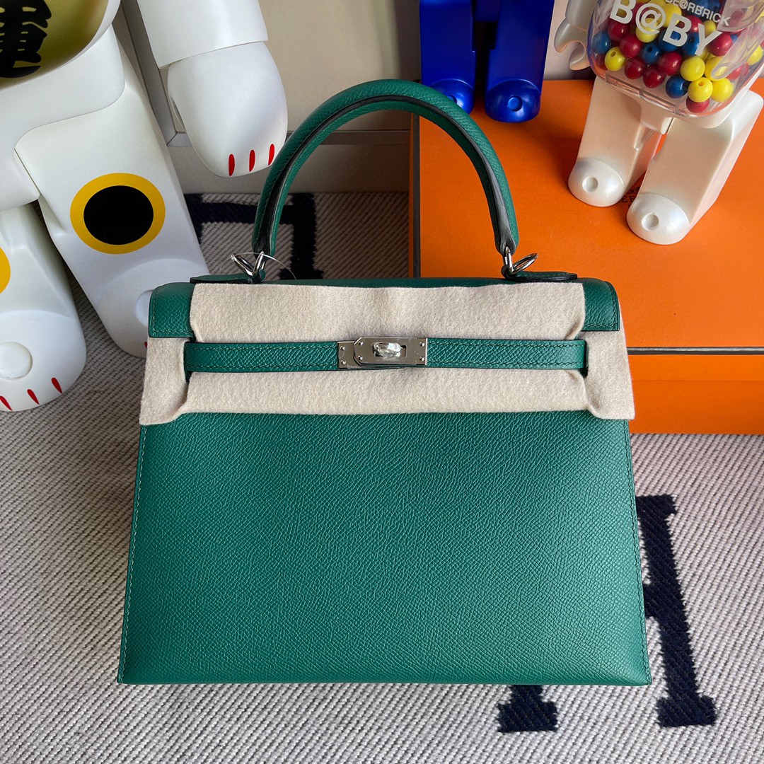 Hermès（爱马仕）Kelly 凯莉包 原厂掌纹皮 Epsom Z6 孔雀绿 Malachite 银扣 25cm 顶级手缝 现货