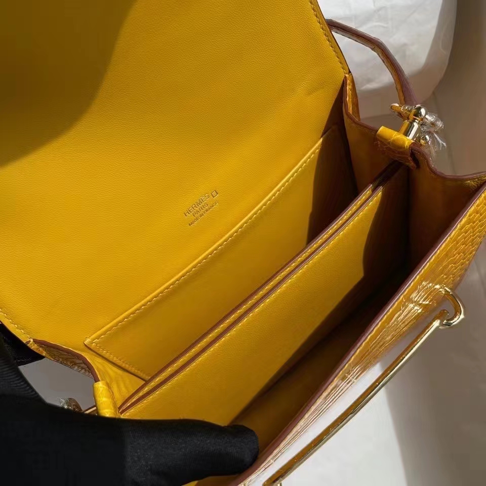 Hermès（爱马仕）Roulis 猪鼻子 Alligator shiny 亮面鳄鱼9D琥珀黄 Ambre 金扣 18cm 顶级手缝 定制