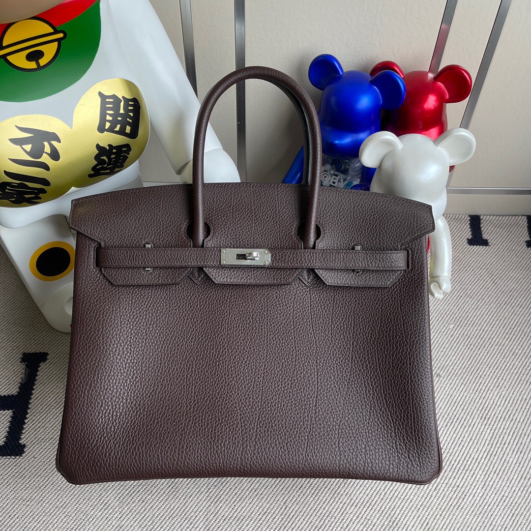 Hermès（爱马仕）Birkin 铂金包 原厂小牛皮 乌木色 银扣 35cm 顶级手缝 定制