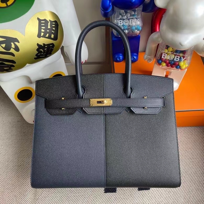 Hermès（爱马仕）Birkin 铂金包 Epsom 外缝 午夜蓝拼黑色内拼坦桑尼亚蓝 金扣 30cm 定制