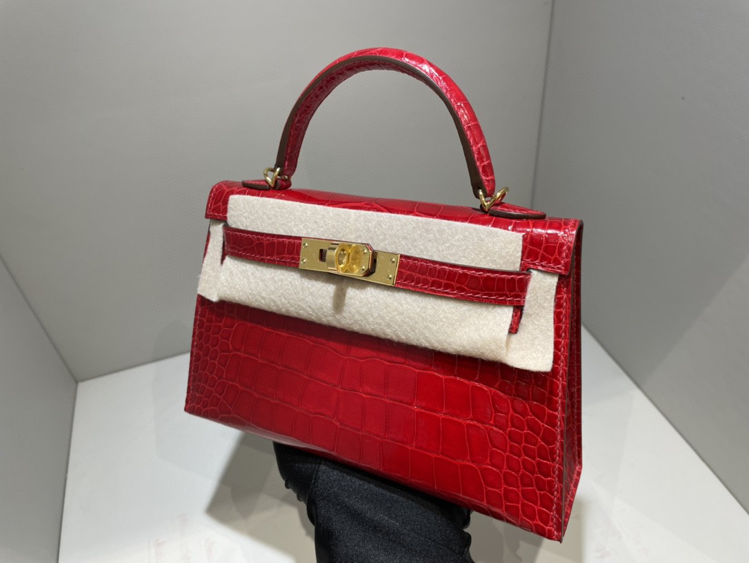 Hermès（爱马仕）Mini kelly ll Alligator  shiny 亮面鳄鱼ck95 法拉利红 Braise 金扣 顶级手缝 现货