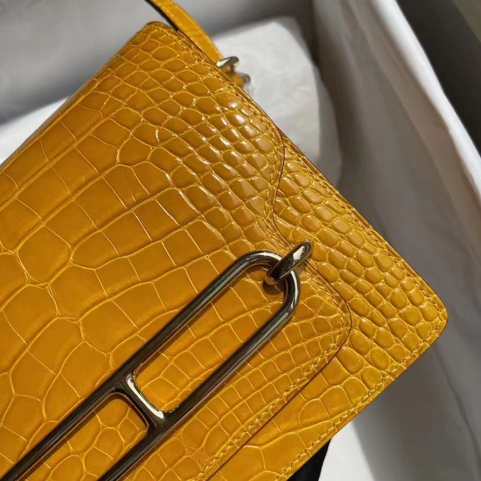 Hermès（爱马仕）Roulis 猪鼻子 Alligator shiny 亮面鳄鱼9D琥珀黄 Ambre 金扣 18cm 顶级手缝 定制