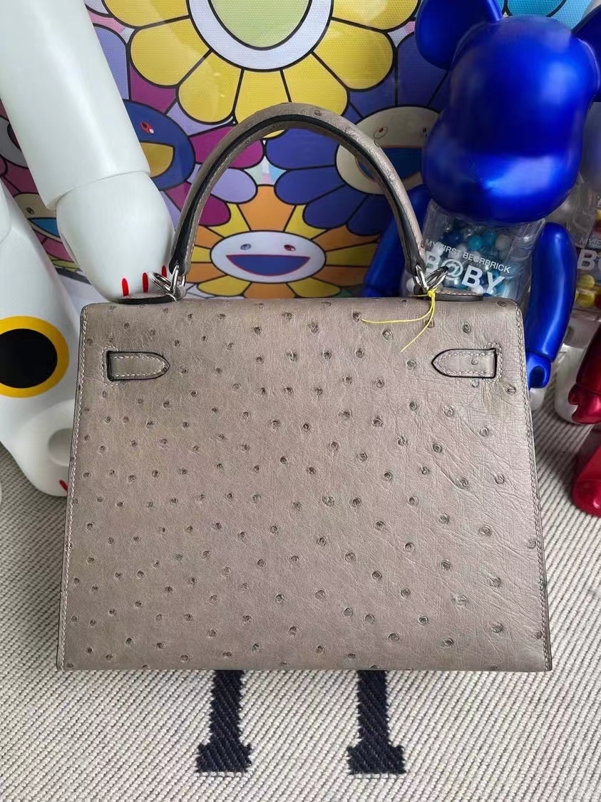 Hermès（爱马仕）Kelly 凯莉包 Ostrich kk鸵鸟 M8 沥青灰 gris ashpite 银扣 25cm 顶级手缝