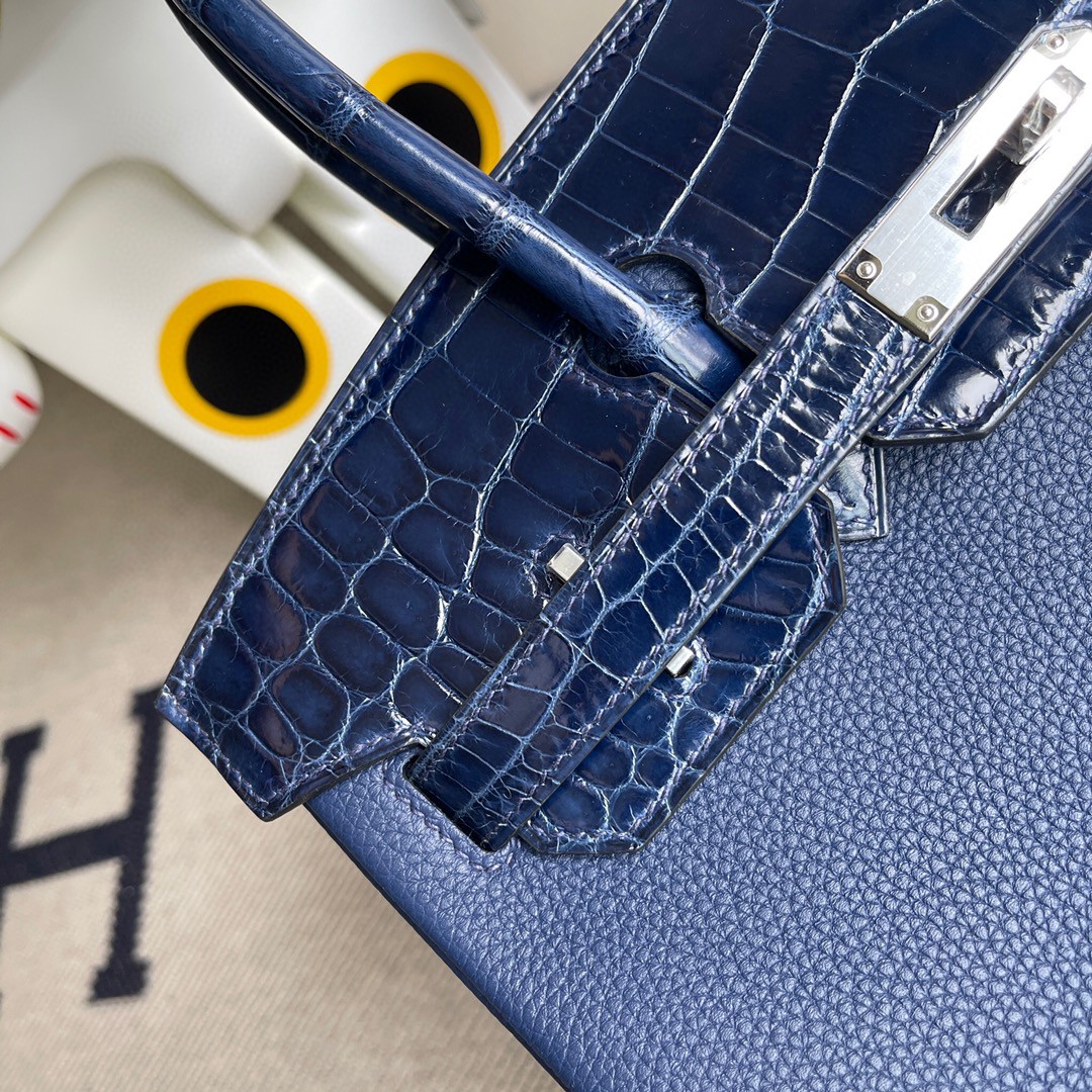 Hermès（爱马仕）Birkin 铂金包 Touch 系列 宝石蓝 拼鳄鱼皮 银扣 30cm 顶级手缝 定制