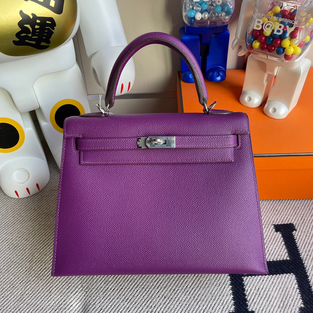 Hermès（爱马仕）Kelly 凯莉包 原厂掌纹皮 Epsom p9 海葵紫 Anemone 银扣 25cm 顶级手缝 现货