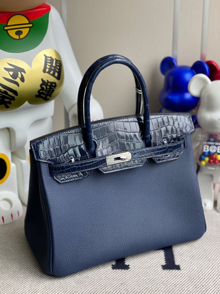Hermès（爱马仕）Birkin 铂金包 Touch 系列 宝石蓝 拼鳄鱼皮 银扣 30cm 顶级手缝 定制