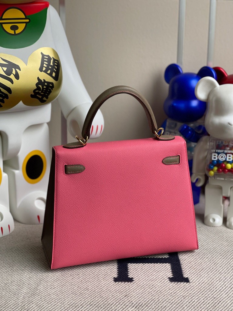 Hermès（爱马仕）Kelly 凯莉包 Epsom 原厂掌纹皮 8w 唇膏粉 拼 ck18大象灰 金扣 25cm 马蹄印 顶级手缝