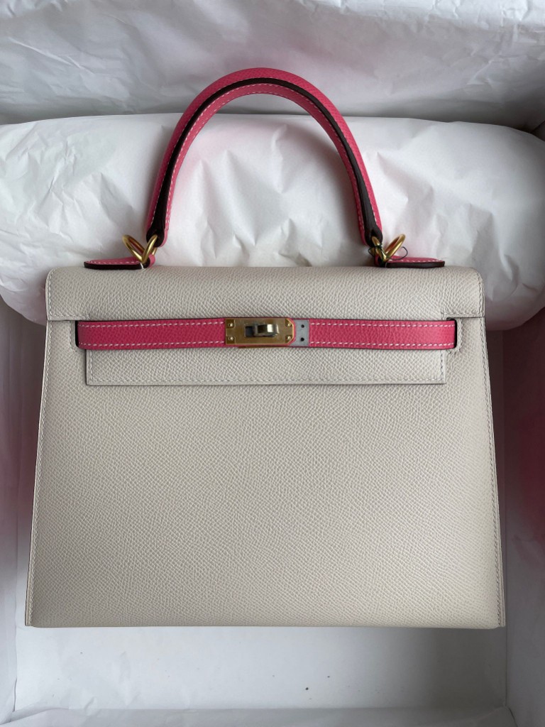 Hermès（爱马仕）Kelly 凯莉包 Epsom 原厂掌纹皮 ck10 奶昔白唇膏粉 磨砂金扣 25cm 马蹄印 顶级手缝