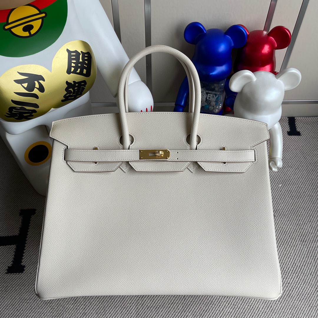 Hermès（爱马仕）Birkin 铂金包 Epsom 原厂掌纹皮 ck10 奶昔白 Craie 金扣 35cm 顶级手缝 定制