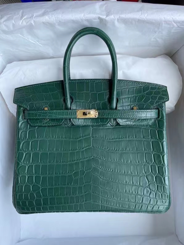 Hermès（爱马仕）Birkin 铂金包 Crocodile matt 雾面鳄鱼 翠绿色 金扣 25cm 顶级手缝