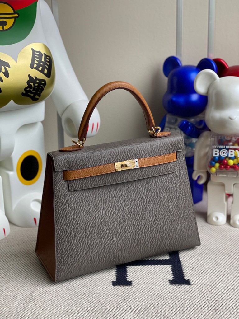 Hermès（爱马仕）Kelly 凯莉包 Epsom 原厂掌纹皮  8F锡器灰拼金棕 金扣 25cm 马蹄印 顶级手缝