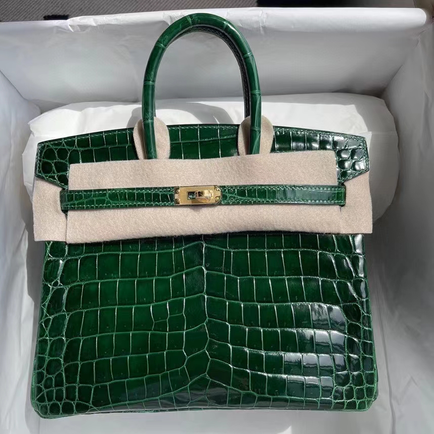 Hermès（爱马仕）Birkin 铂金包 Crocodile shiny 亮面鳄鱼 ck67 祖母绿 金扣 25cm 顶级手缝