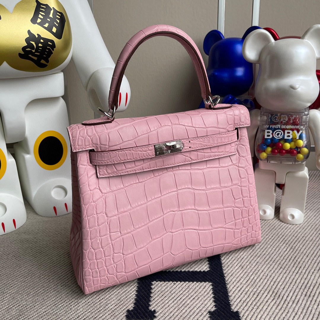 Hermès（爱马仕）Kelly 凯莉包 Alligator matt 雾面鳄鱼 5p 樱花粉 银扣 25cm 顶级手缝 超美