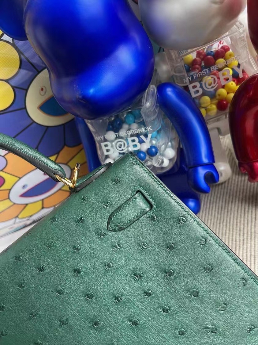 Hermès（爱马仕）Kelly 凯莉包 Ostrich kk鸵鸟 Z6 孔雀绿 malachite 金扣 25cm 顶级手缝