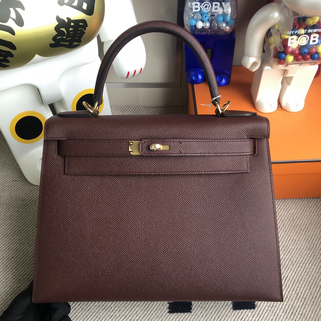 Hermès（爱马仕）Kelly 凯莉包 原厂掌纹皮 Epsom ck57 波尔多酒红 金扣 28cm 顶级手缝 现货