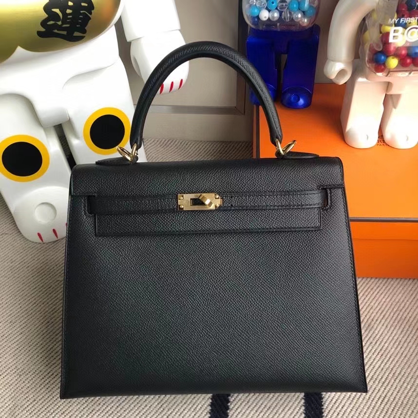 Hermès（爱马仕）Kelly 凯莉包 Epsom 原厂掌纹皮 ck89 黑色 Noir 金扣 25cm