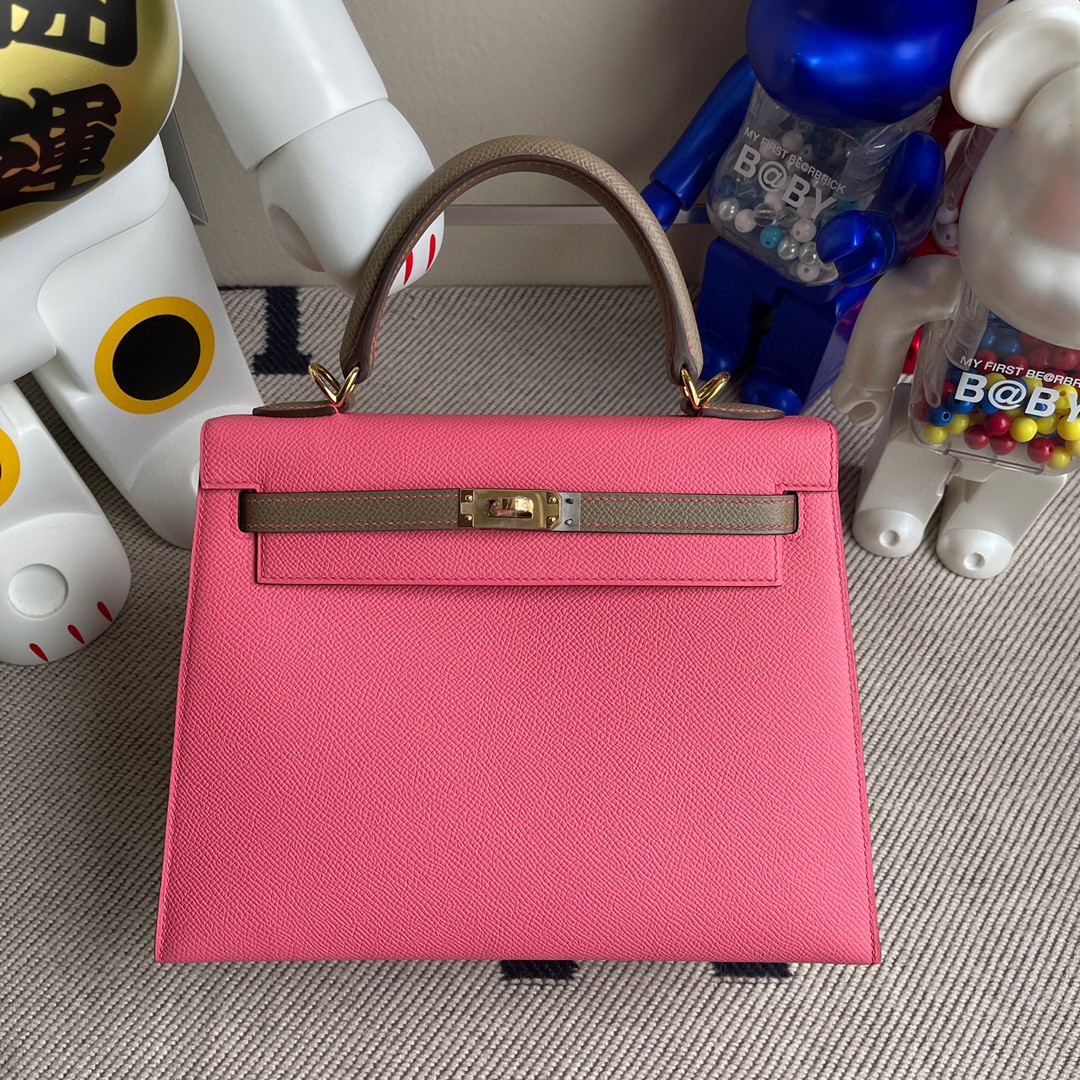 Hermès（爱马仕）Kelly 凯莉包 Epsom 原厂掌纹皮 8w 唇膏粉 拼 ck18大象灰 金扣 25cm 马蹄印 顶级手缝