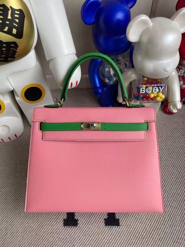 Hermès（爱马仕）Kelly 凯莉包 Epsom 原厂掌纹皮 1Q 奶昔粉 拼1k 竹子绿 金扣 25cm 顶级手缝