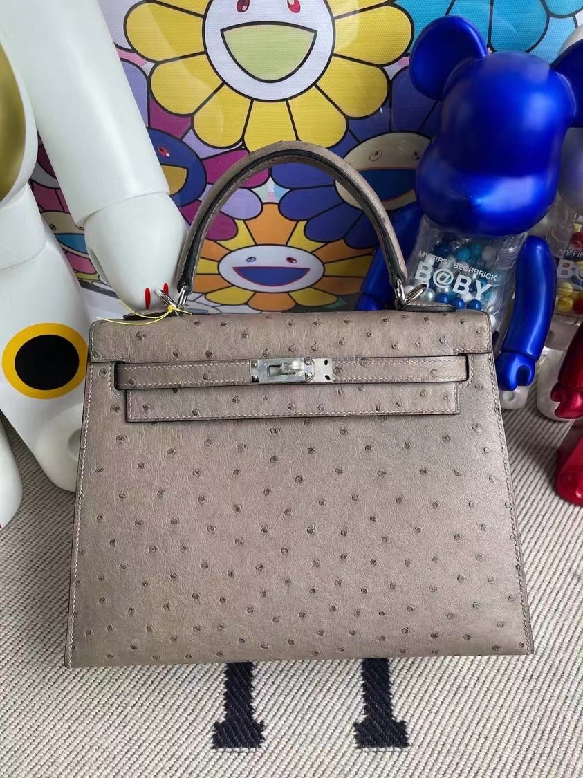 Hermès（爱马仕）Kelly 凯莉包 Ostrich kk鸵鸟 M8 沥青灰 gris ashpite 银扣 25cm 顶级手缝