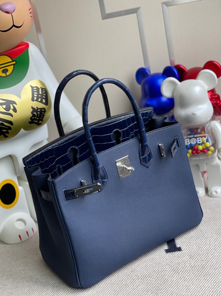 Hermès（爱马仕）Birkin 铂金包 Touch 系列 宝石蓝 拼鳄鱼皮 银扣 30cm 顶级手缝 定制