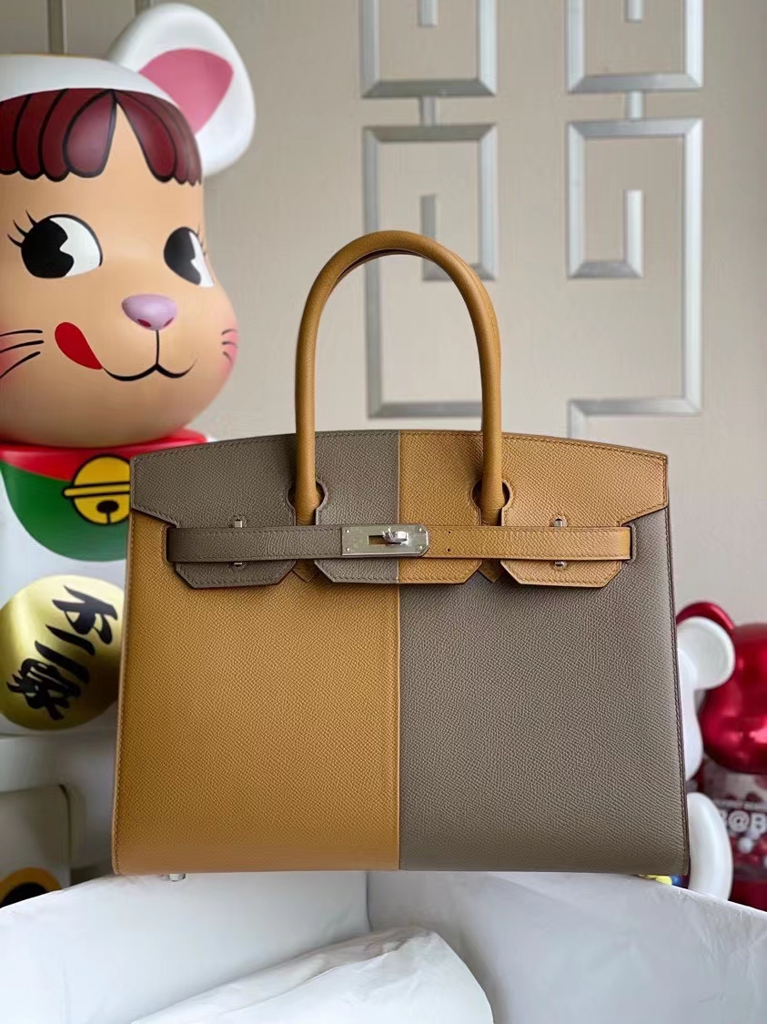 Hermès（爱马仕）Birkin 铂金包 Epsom 原厂掌纹皮 2S芝麻黄锡器灰 内拼坦桑尼亚蓝 银扣 30cm