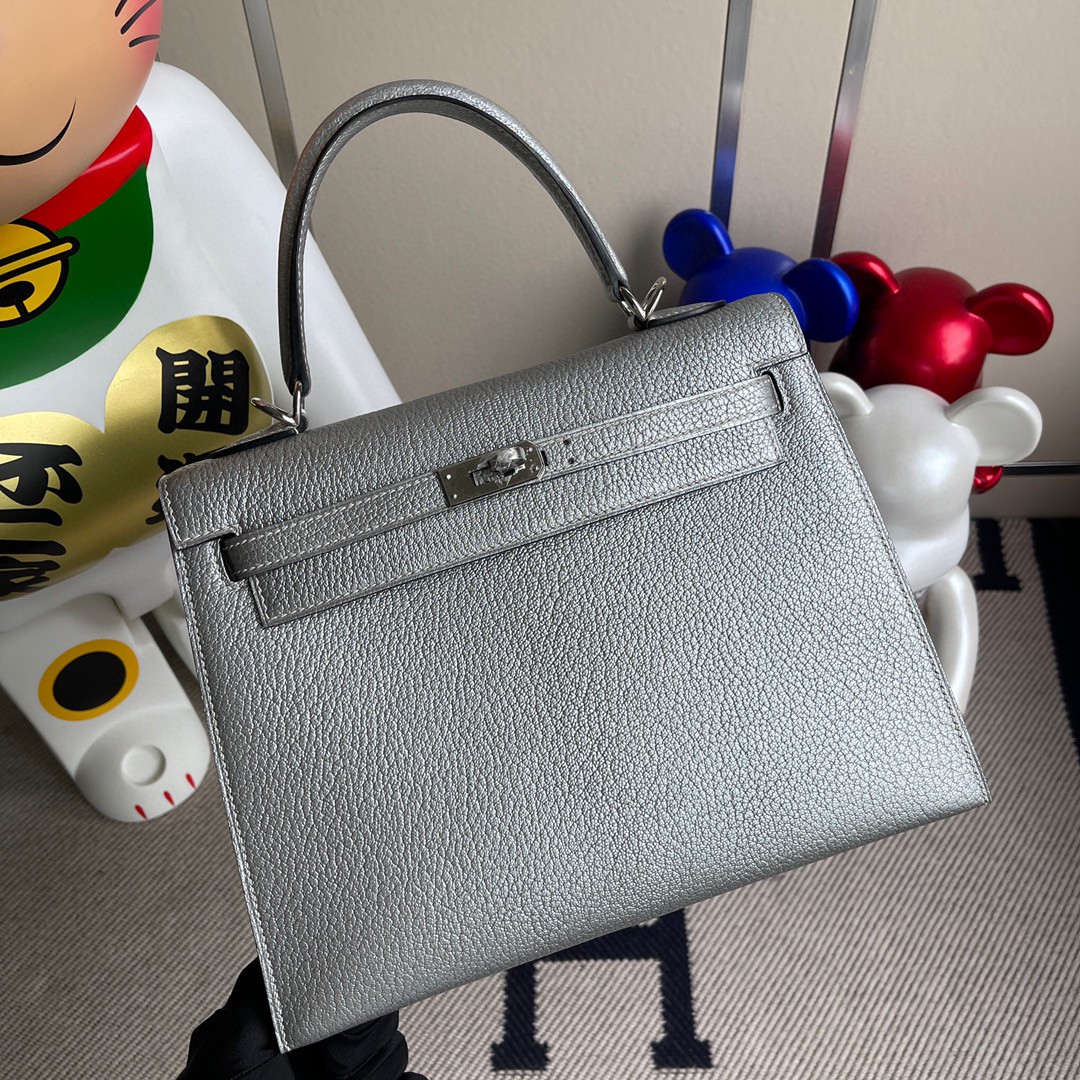 Hermès（爱马仕）Kelly 凯莉包 山羊皮 Chevre 银色 银扣 25cm 顶级手缝 超美