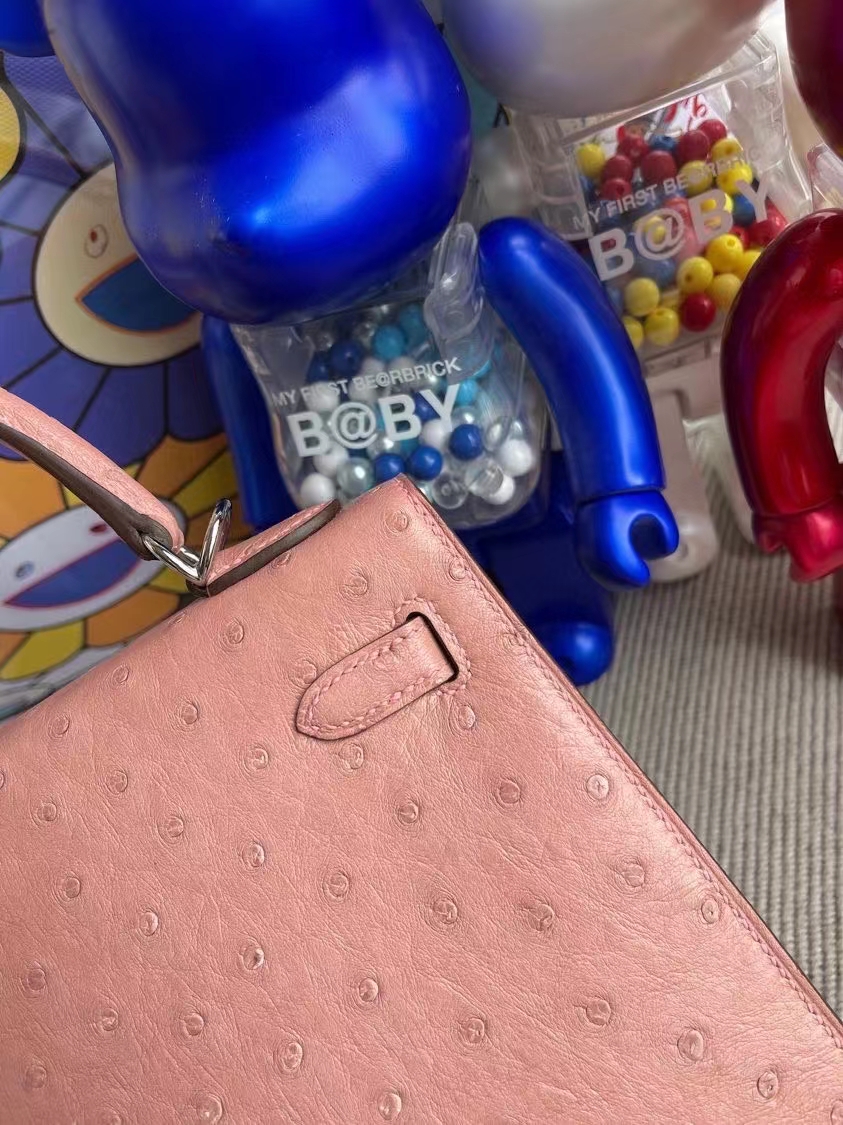 Hermès（爱马仕）Kelly 凯莉包 Ostrich kk鸵鸟 cc94 陶瓷粉 银扣 25cm 顶级手缝