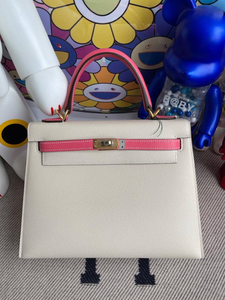 Hermès（爱马仕）Kelly 凯莉包 Epsom 原厂掌纹皮 ck10 奶昔白唇膏粉 磨砂金扣 25cm 马蹄印 顶级手缝