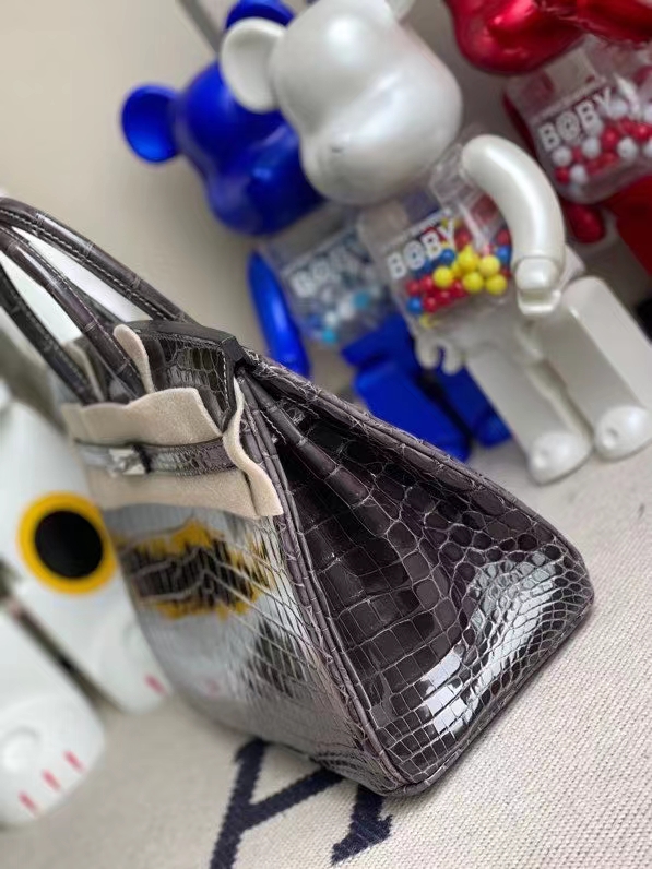 Hermès（爱马仕）Birkin 铂金包 Crocodile shiny 亮面鳄鱼 88 石墨灰 graphite 银扣 25cm