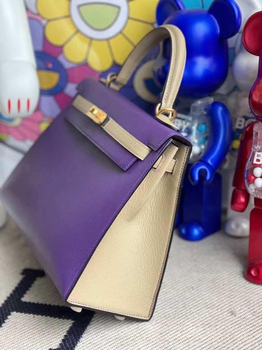 Hermès（爱马仕）Kelly Chevre 山羊皮 9w 梦幻紫 拼81 斑鸠灰 磨砂金扣 马蹄印 25cm