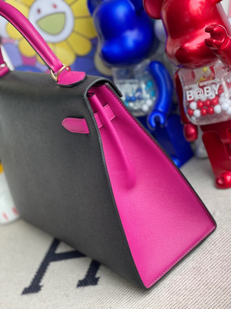 Hermès（爱马仕）Kelly 凯莉包 Epsom 原厂掌纹皮 黑色 拼玫瑰紫 磨砂金扣 马蹄印 32cm