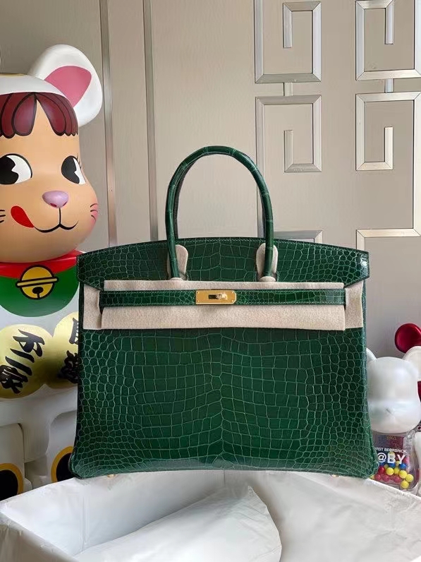 Hermès（爱马仕）Birkin 铂金包 Porosus shiny 亮面澳洲湾鳄 ck67 祖母绿 金扣 35cm 顶级手缝 定制