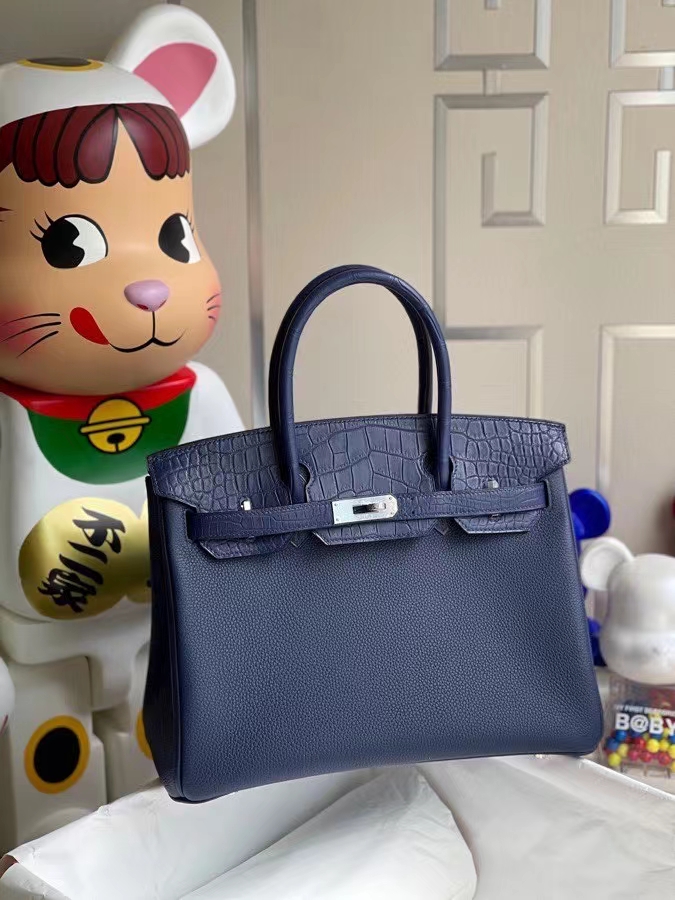 Hermès（爱马仕）Birkin 铂金包 Touch系列 宝石蓝 雾面方块鳄鱼 银扣 30cm 顶级手缝 定制