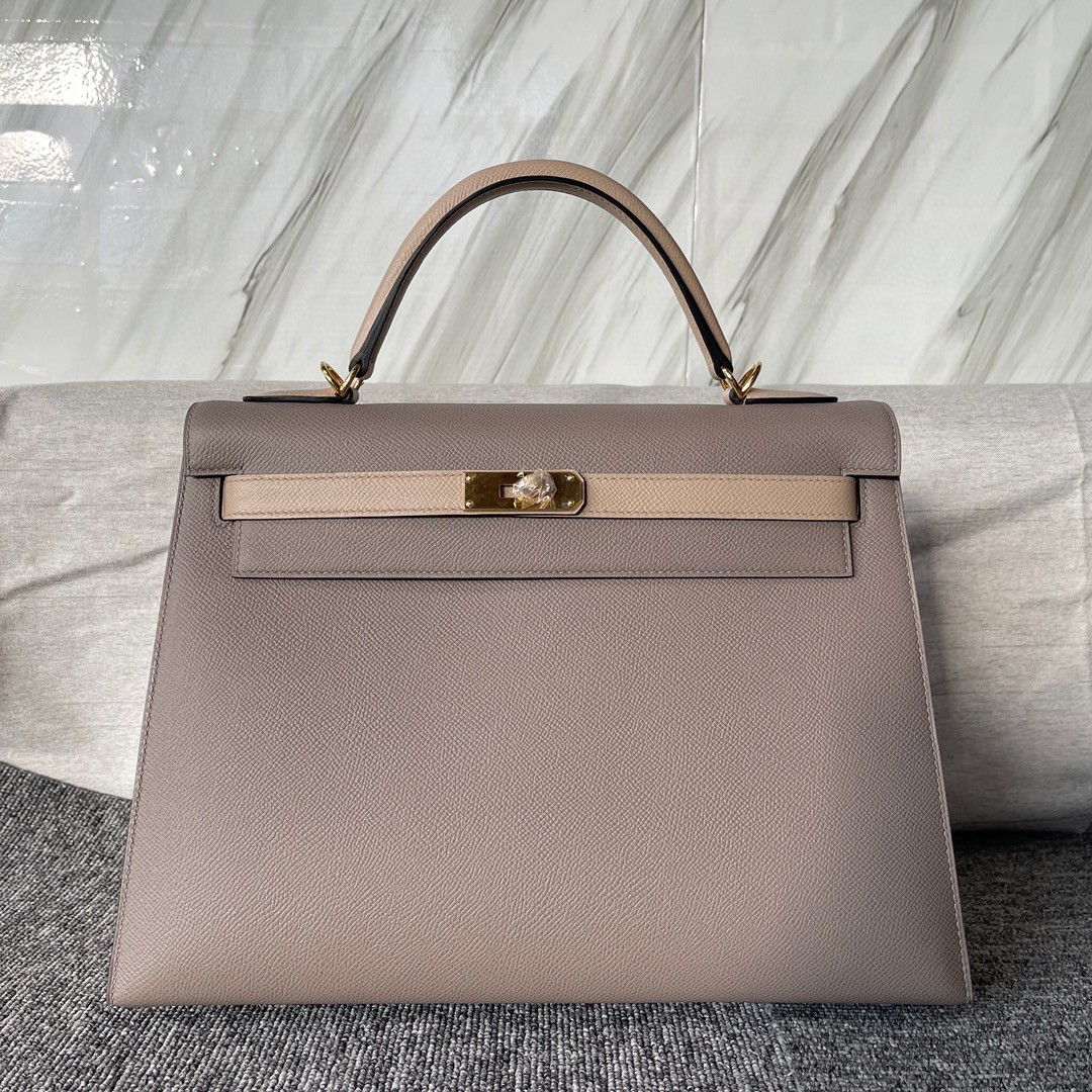 Hermès（爱马仕）Kelly 凯莉包 Epsom 原厂掌纹皮 M8 沥青灰 风衣灰 32cm 金扣 马蹄印 顶级手缝
