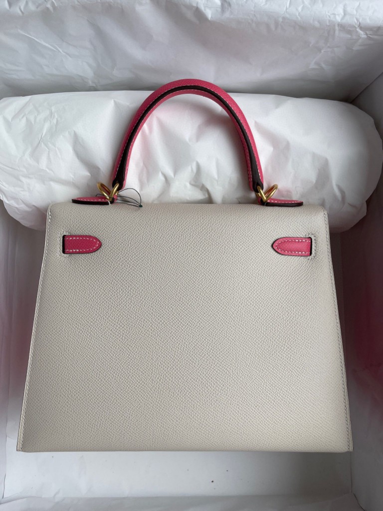 Hermès（爱马仕）Kelly 凯莉包 Epsom 原厂掌纹皮 ck10 奶昔白唇膏粉 磨砂金扣 25cm 马蹄印 顶级手缝