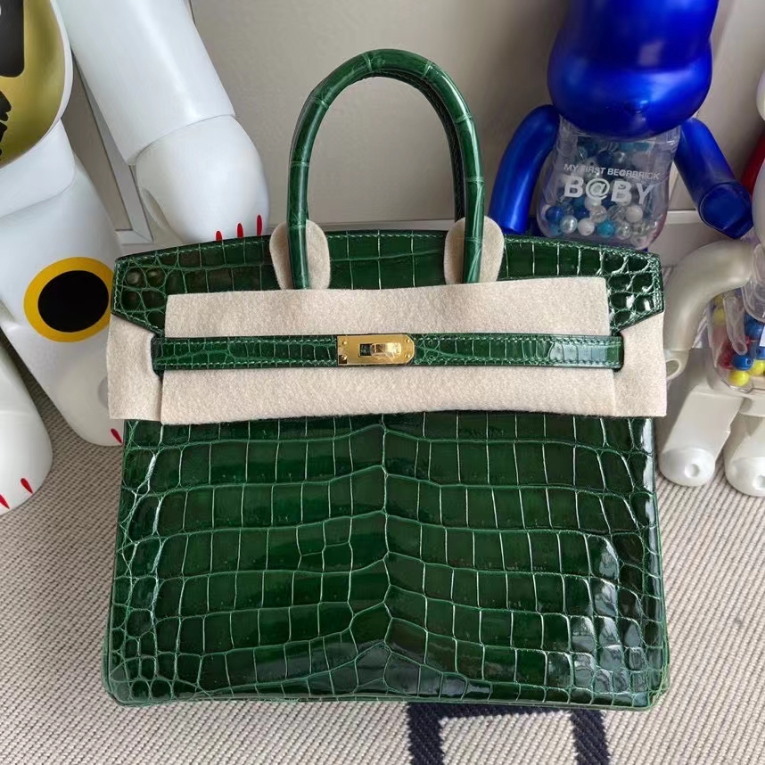 Hermès（爱马仕）Birkin 铂金包 Crocodile shiny 亮面鳄鱼 ck67 祖母绿 金扣 25cm 顶级手缝