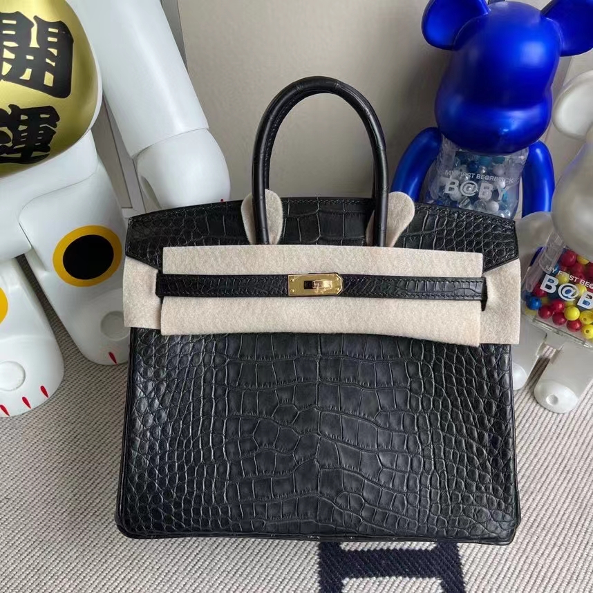Hermès（爱马仕）Birkin 铂金包 Alligator matt 雾面鳄鱼 ck89 黑色 Noir 金扣 25cm 顶级手缝 定制