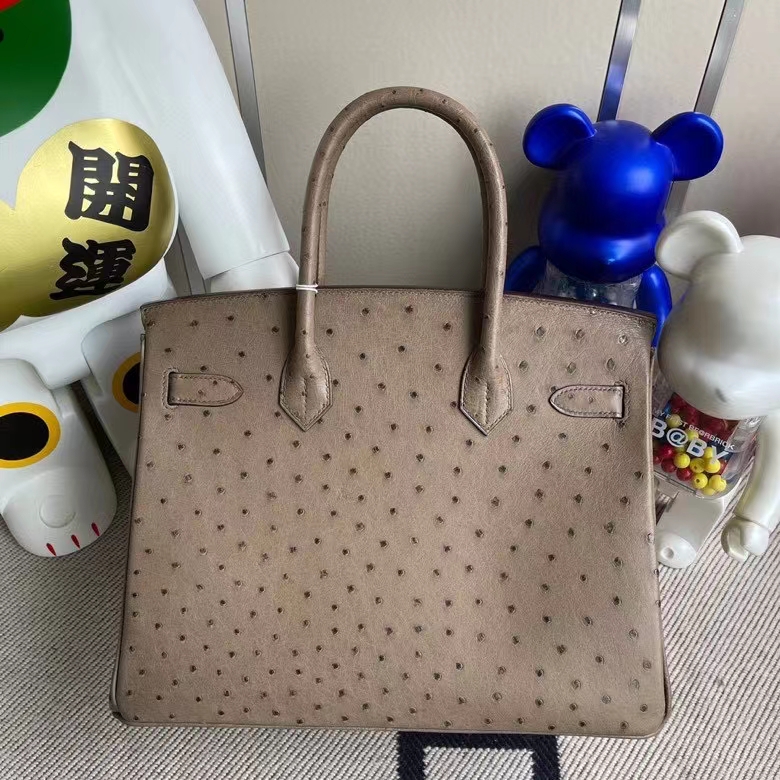 Hermès（爱马仕）Birkin 铂金包 Ostrich kk鸵鸟 ck18 大象灰Etoupe 金扣 顶级手缝 30cm