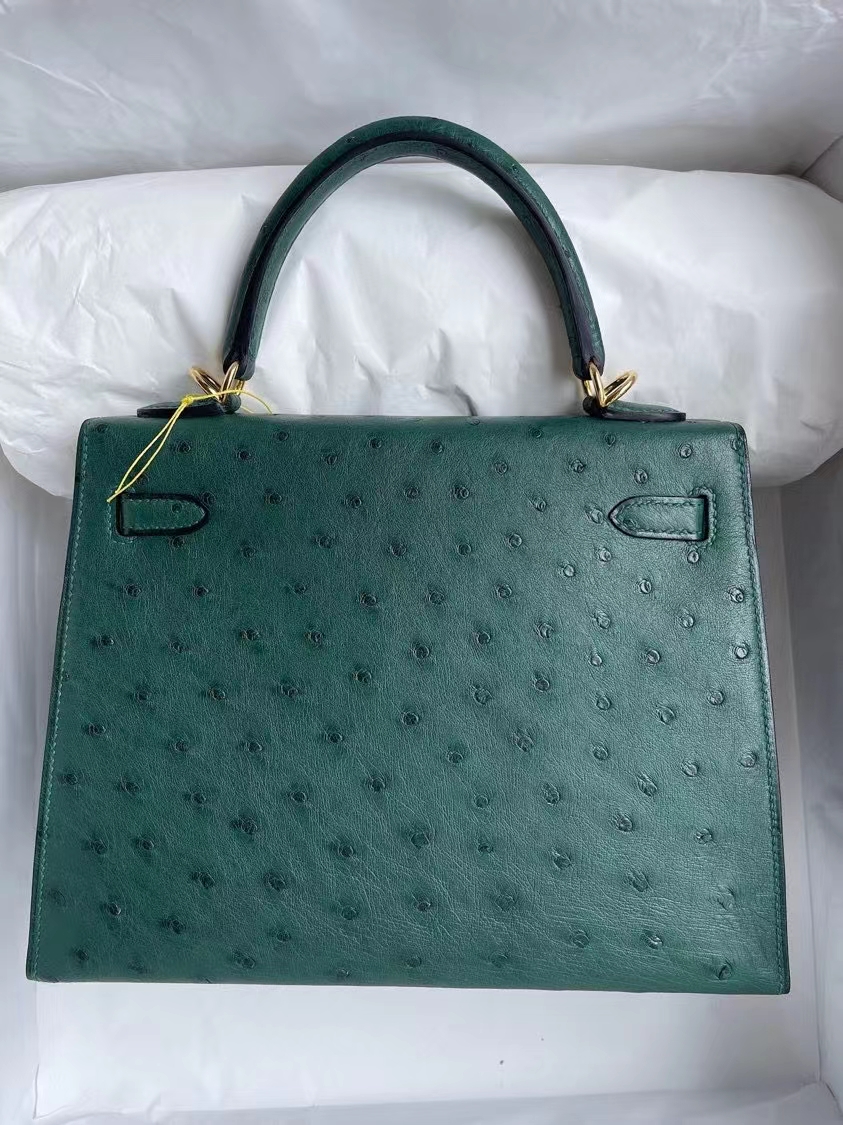Hermès（爱马仕）Kelly 凯莉包 Ostrich kk鸵鸟 Z6 孔雀绿 malachite 金扣 25cm 顶级手缝
