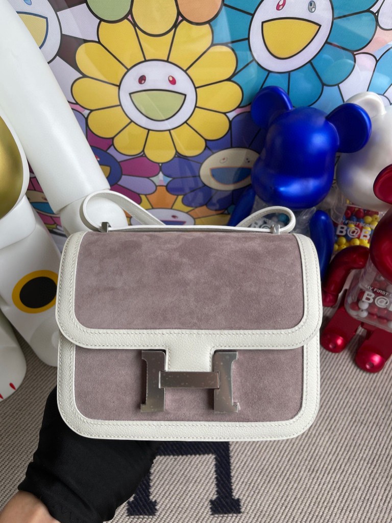 Hermès（爱马仕）Constance 空姐包 麂皮 swift 奶白 银扣 18cm 顶级手缝 定制