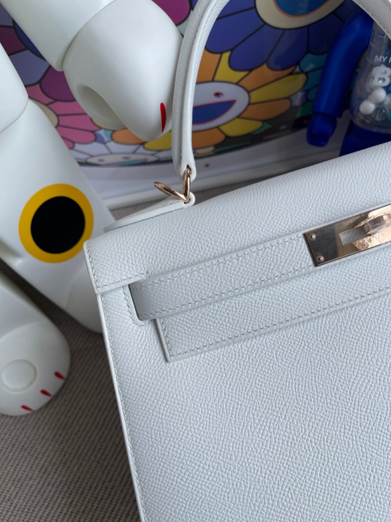 Hermès（爱马仕）Kelly 凯莉包 Epsom 原厂掌纹皮 01 纯白 White 白雪公主 玫瑰金扣 rose gold 28cm 顶级手缝