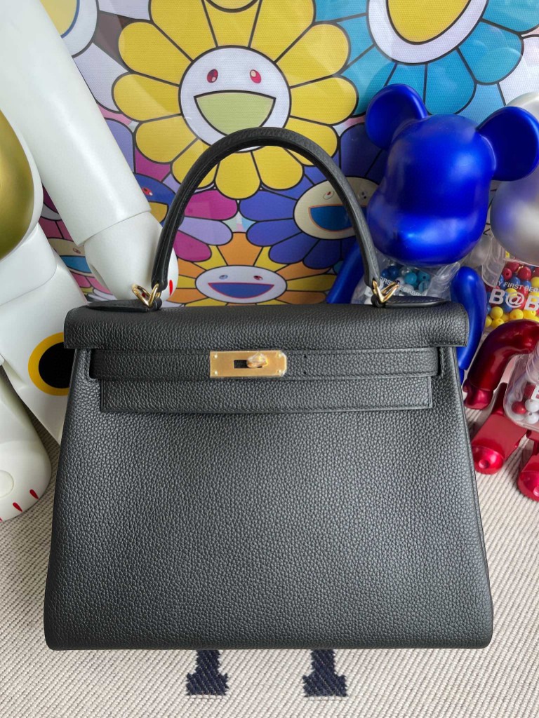 Hermès（爱马仕）Kelly 凯莉包 原厂小牛皮 Togo ck89 黑色 Noir 金扣 28cm 顶级手缝