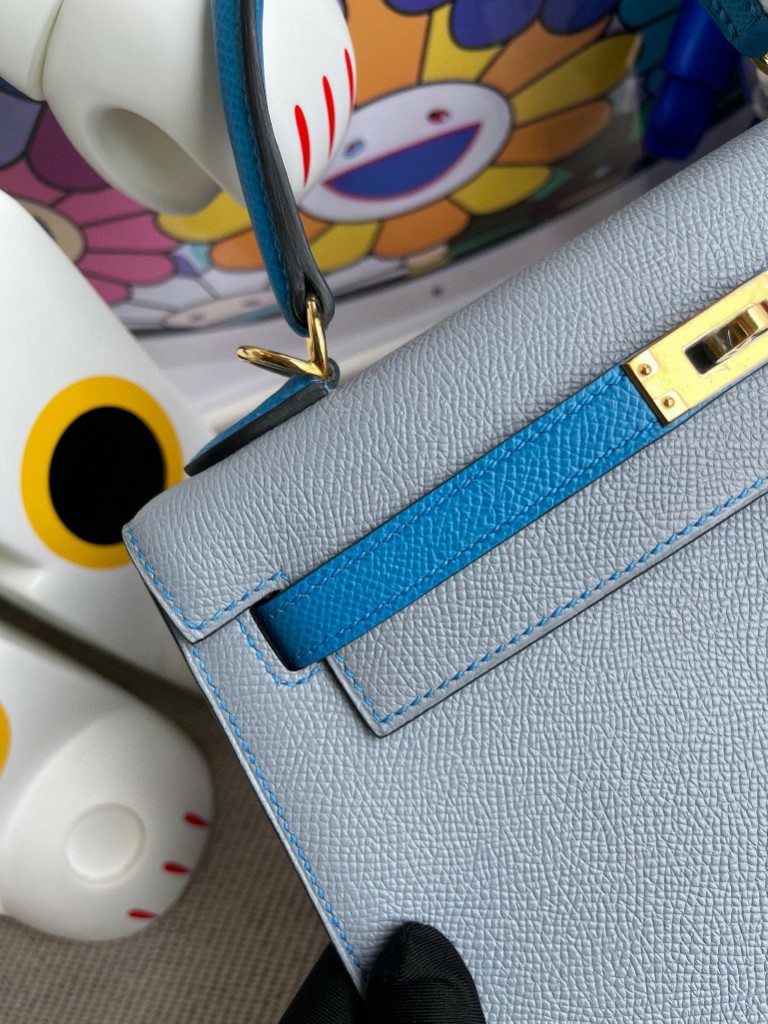 Hermès（爱马仕）Kelly 凯莉包 Epsom 原厂掌纹皮 亚麻蓝拼坦桑尼亚蓝 金扣 25cm 顶级手缝