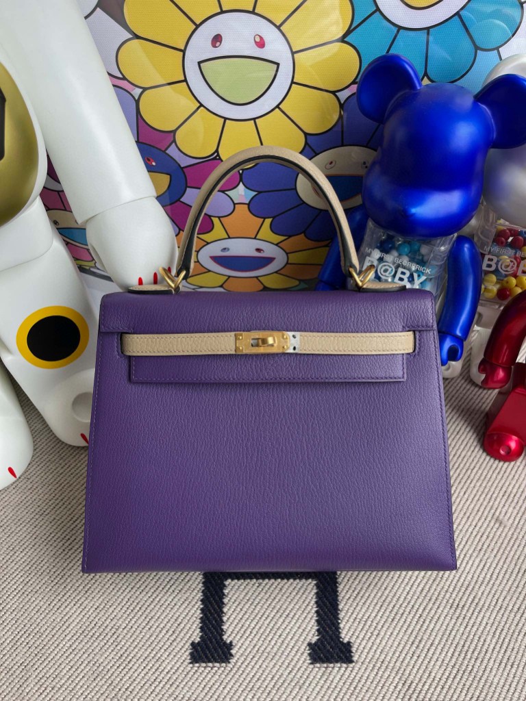 Hermès（爱马仕）Kelly 凯莉包 Chevre 山羊皮 9w 梦幻紫 拼81 斑鸠灰 磨砂金扣 马蹄印 25cm 顶级手缝