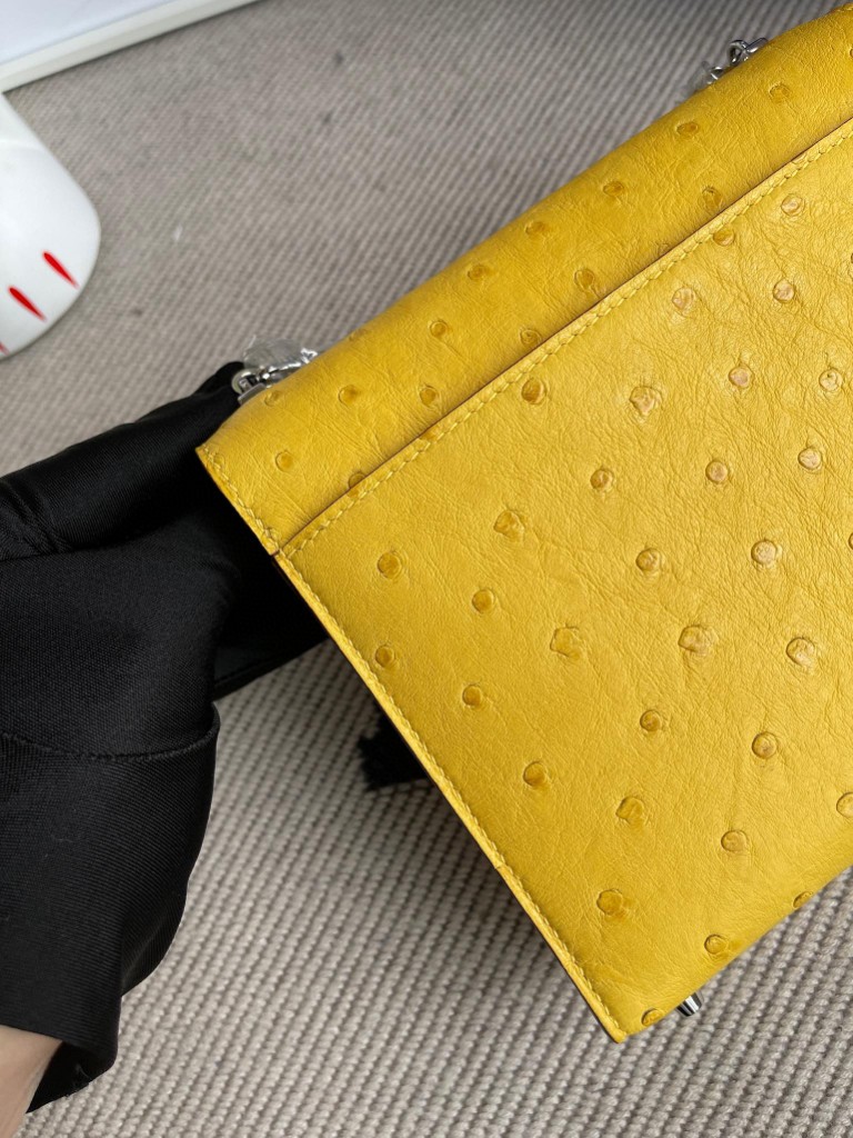 Hermès（爱马仕）Verrou 机枪包 Ostrich kk 鸵鸟 9R 柠檬黄 银扣 17cm 顶级手缝
