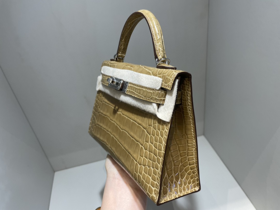 Hermès（爱马仕）Mini kelly ll Alligator shiny 亮面鳄鱼 奶茶色 金扣 顶级手缝 现货