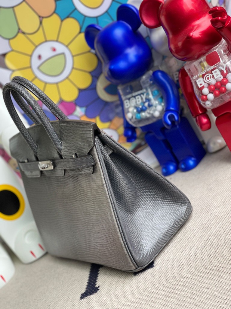Hermès（爱马仕）Birkin 铂金包 Lizard 进口亮面蜥蜴 斑鸠灰 拼 锡器灰 银扣 25cm 顶级手缝